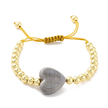 Handmade Lampwork Heart Bracelets, Adjustable 6mm Round Brass Braided Bead Bracelets for Women, Real 18K Gold Plated, Gray, Inner Diameter: 1-7/8~3-1/8 inch(4.8~7.8cm), Heart: 19x20.5x7mm
