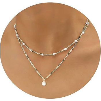Simple Style Imitation Pearl Round Pendant Alloy Chain Double Layer Necklaces for Women, White, Silver, 13.78~17.72 inch(35~45cm), 2pcs/set