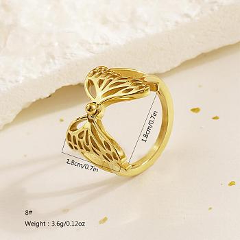 304 Stainless Steel Finger Rings for Women, Real 18K Gold Plated, Butterfly, 18mm, US Size 8(18.1mm)