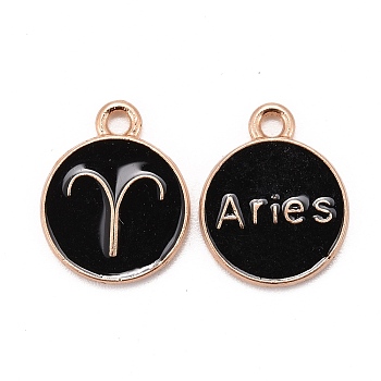 Alloy Enamel Pendants, Cadmium Free & Lead Free, Flat Round with Constellation, Light Gold, Black, Aries, 15x12x2mm, Hole: 1.5mm