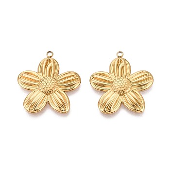 304 Stainless Steel Pendants, Flower Charm, Ion Plating(IP), Real 18K Gold Plated, 28x26x3mm, Hole: 1.8mm