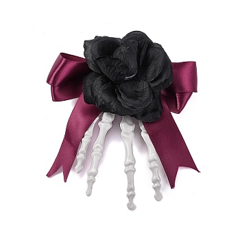 Halloween Party Hair Accessories, Skeleton Hand Plastic & Rose Polyester Alligator Hair Clip, Medium Aquamarine, 145x155x34mm