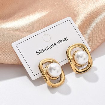 304 Stainless Steel Oval Stud Earrings, with Plastic Pearl, Ion Plating(IP), Golden, 21.5x17mm