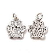 Rack Plating Brass Micro Pave Cubic Zirconia Charms, Dog Paw Print Charm, with Jump Ring, Long-Lasting Plated, Lead Free & Cadmium Free, Platinum, 13x11x2mm, Hole: 3mm(KK-F851-07P)