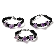 Natural Amethyst Nugget Braided Beaded Bracelet with Leather Rope, 8-7/8 inch(22.5cm)(BJEW-R312-01)
