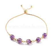 Natural Amethyst Wrapped Bracelets, Real 14K Gold Plated Brass Silder Bracelet for Women, Lead Free & Cadmium Freee, 10-5/8 inch(27cm)(BJEW-A122-10B)