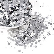 Ornament Accessories Plastic Paillette Beads, Sequins Beads, Disc, Silver, 4x0.2mm, Hole: 1mm(X1-PVC-R014-4mm-01)