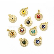 Rack Plating Brass Micro Pave Clear Cubic Zirconia Pendants, with Handmade Evil Eye Lampwork, Cadmium Free & Lead Free, Long-Lasting Real 18K Gold Plated, Flat Round with Flower Charm, Mixed Color, 21.5x19x4.5mm, Hole: 4.5x3.5mm(LAMP-A153-07G-M)