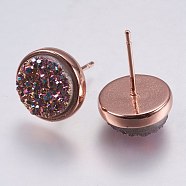 Druzy Resin Earrings, with Brass Finding, Flat Round, Colorful, 9.5x16~16.5mm, Pin: 0.8mm(KK-E724-S-10RG)