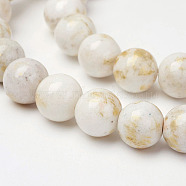 Natural Mashan Jade Beads Strands, with Gold Powder, Dyed, Round, Floral White, 8mm, Hole: 1mm, about 48pcs/strand, 16 inch(X-G-P232-01-F-8mm)