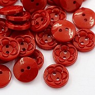 Acrylic Sewing Buttons for Clothes Design, Plastic Buttons, 2-Hole, Dyed, Flat Round with Flower Pattern, Dark Red, 15x3mm, Hole: 1mm(BUTT-E083-E-09)