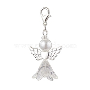Angel Glass & Glass Pearl Pendant Decorations, Alloy Lobster Clasp Charms for Bag Ornaments, White, 46mm(HJEW-JM01941)