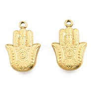 Ion Plating(IP) 201 Stainless Steel Pendants, Hamsa Hand/Hand of Miriam, Real 18K Gold Plated, 23.5x15.5x3.5mm, Hole: 1.4mm(STAS-N098-243LG)