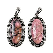 Natural Rhodonite Pendants, Oval Charms, with Antique Silver Tone Alloy Findings, Cadmium Free & Lead Free, 40x20.5x7.5mm, Hole: 6.5x7mm(G-I370-07AS-03)