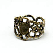 Brass Filigree Ring Components, Adjustable, Antique Bronze, 18mm, Tray: 8.5x6.6mm(KK-H235-AB1)