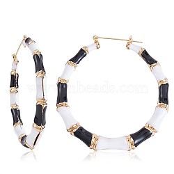 Enamel Bamboo Big Hoop Earrings, Gold Plated Alloy Jewelry for Women, Black, 73mm, Pin: 0.8mm(JE976B)