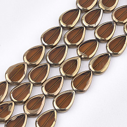 Electroplate Glass Beads Strands, Edge Plated, Teardrop, Saddle Brown, 16.5x11.5x5mm, Hole: 1mm, about 20pcs/strand, 12.9 inch(X-EGLA-S188-04D)