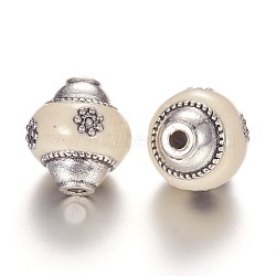 Handmade Indonesia Beads, Round, with Alloy Cores, Antique Silver, Floral White, 16x15mm, Hole: 2mm(IPDL-P001-01A)