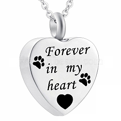 Non-Tarnish 304 Stainless Steel Urn Ashes Pendants, Heart with Paw Print & Word Pattern & Word Forever In My Heart, Stainless Steel Color, 25x20x6mm(BOTT-PW0001-100)