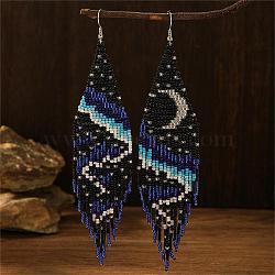 Bohemian Style Handmade Beaded Dangle Earrings with Moon and Aurora Pattern, Black, 150x35mm(RP4576)