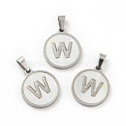 304 Stainless Steel with White Shell Pendants, Stainless Steel Color, Flat Round with Letter Charm, Letter.W, 18x16x1.5mm, Hole: 3x6mm(STAS-G268-01W-P)