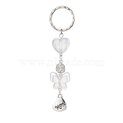 Alloy Heart with Word Mom Pendant Keychain, with Acrylic Butterfly and Iron Split Key Rings, Platinum, 10.4cm(KEYC-JKC00599)