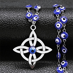 Stainless Steel Witches Knot Wiccan Symbol Pendant Necklaces, with Enamel Evil Eye Link Chains, Stainless Steel Color, 15.75 inch(40cm)(PW-WG13357-01)