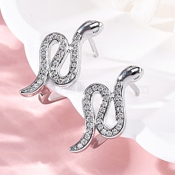 Brass Clear Cubic Zirconia Hoop Earrings, Snake, Platinum, 22x11.5x13.5mm(EJEW-Q014-36P)