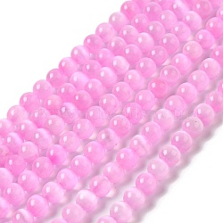 Natural Selenite Dyed Beads Strands, Imitation Cat Eye, Grade A, Round, Pearl Pink, 6.5mm, Hole: 0.7mm, about 61pcs/strand, 15.24 inch(38.7cm)(G-P493-02A)