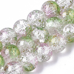 Transparent Spray Painted Crackle Glass Bead Strands, with Golden Foil, Round, Spring Green, 10~11mm, Hole: 1.4~1.6mm, about 39~42pcs/Strand, 14.84 inch~15.27 inch(37.7~38.8cm)(GLAA-N035-03D-A01)