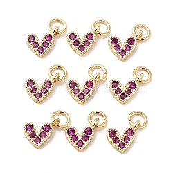 Brass Micro Pave Cubic Zirconia Charms, Long-Lasting Plated, Lead Free & Nickel Free & Cadmium Free, Heart, Hot Pink, Real 18K Gold Plated, 9.5x6.5x2mm, Hole: 1mm.(RB-I078-66G-01-NR)