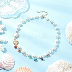 Round Shell Pearl & Natural Keshi Pearl Link Chain Necklaces, 304 Stainless Steel Shell Shaped & Chakra Chip Stone Tassel Necklaces, Golden, 15.43 inch(39.2cm)(NJEW-JN05332)