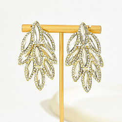 Real 18K Gold Plated Stainless Steel Stud Earrings, Glass Rhinestone Leaf Earrings for Women, Clear, 55x30mm(CS0500-2)