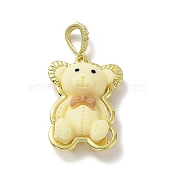 Opaque Resin Pendants, Large Hole Pendant, with Real 18K Gold Plated Brass Findings & Clear Cubic Zirconia, Cadmium Free & Lead Free, Bear with Camel Bowknot, Light Yellow, 29.5x22x10mm, Hole: 4.5x7mm(KK-G406-07G)