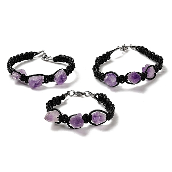Natural Amethyst Nugget Braided Beaded Bracelet with Leather Rope, 8-7/8 inch(22.5cm)