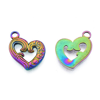 Ion Plating(IP) 201 Stainless Steel Pendants, Heart, Rainbow Color, 18.5x15x1.5mm, Hole: 2mm