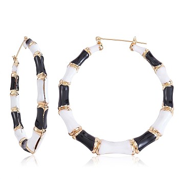 Enamel Bamboo Big Hoop Earrings, Gold Plated Alloy Jewelry for Women, Black, 73mm, Pin: 0.8mm