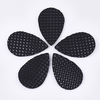 PU Leather Pendants, Imitation Woven Rattan Pattern, Teardrop, Black, 37x24.5x2.5mm, Hole: 1.2mm