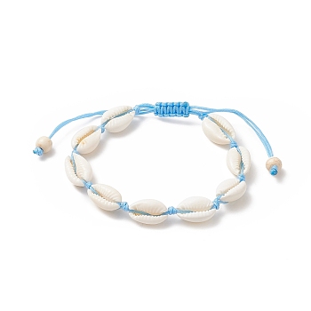 Natural Shell & Synthetic Turquoise Braided Bead Bracelet for Women, Deep Sky Blue, Inner Diameter: 1-3/4~3-1/8 inch(4.5~7.9cm)