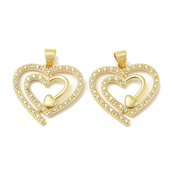 Rack Plating Brass Micro Pave Cubic Zirconia Pendants, Long-Lasting Plated, Lead Free & Cadmium Free, Heart Charms, Real 18K Gold Plated, 21x22x2mm, Hole: 5x3mm