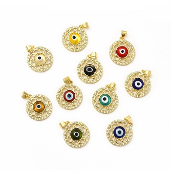 Rack Plating Brass Micro Pave Clear Cubic Zirconia Pendants, with Handmade Evil Eye Lampwork, Cadmium Free & Lead Free, Long-Lasting Real 18K Gold Plated, Flat Round with Flower Charm, Mixed Color, 21.5x19x4.5mm, Hole: 4.5x3.5mm