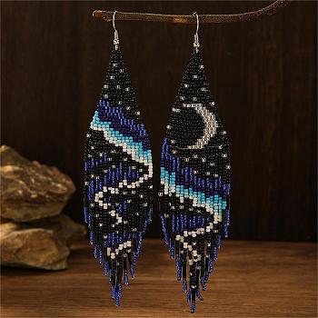 Bohemian Style Handmade Beaded Dangle Earrings with Moon and Aurora Pattern, Black, 150x35mm