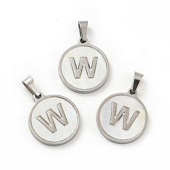 304 Stainless Steel with White Shell Pendants, Stainless Steel Color, Flat Round with Letter Charm, Letter.W, 18x16x1.5mm, Hole: 3x6mm