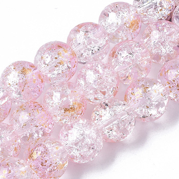 Transparent Spray Painted Crackle Glass Bead Strands, with Golden Foil, Round, Pink, 10~11mm, Hole: 1.4~1.6mm, about 39~42pcs/Strand, 14.84 inch~15.27 inch(37.7~38.8cm)