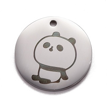 Stainless Steel Pendant, Flat Round with Panda, Stainless Steel Color, 20x1mm, Hole: 1.6mm