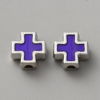 Alloy Enamel Beads, Cross, Platinum, Mauve, 8x7.5x3.5mm, Hole: 1.7mm