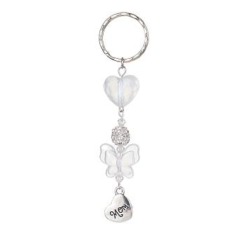 Alloy Heart with Word Mom Pendant Keychain, with Acrylic Butterfly and Iron Split Key Rings, Platinum, 10.4cm