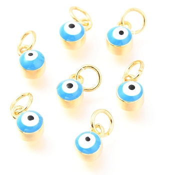 Brass Enamel Pendants, Long-Lasting Plated, Real 18K Gold Plated, with Jump Rings, Column with Evil Eye, Blue, 7x3.5x4.5mm,Jump Ring: 5x0.6mm, 3mm inner diameter.