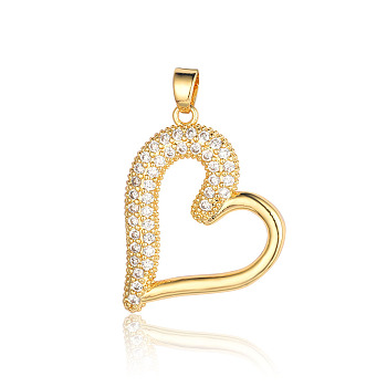 Brass Micro Pave Clear Cubic Zirconia Pendants, Heart Charms, Real 18K Gold Plated, 27x21x2.20mm