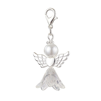 Angel Glass & Glass Pearl Pendant Decorations, Alloy Lobster Clasp Charms for Bag Ornaments, White, 46mm